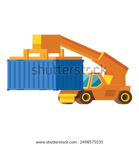 Forklift is lifting a cargo container, side view, logistics and delivery concept