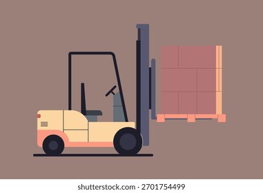 As caixas de palete de elevação de empilhadeira simbolizam a logística do armazém, o transporte industrial, a gestão de carga e o processo de manuseio de material ilustração de vetor plano.