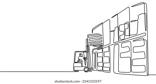 Forklift Lifting Pallets. Continuous One Line Drawing Highlighting Logistics Efficiency in Warehousing and Distribution.