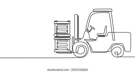 Forklift Lifting Pallets. Continuous One Line Drawing Illustrating Logistics Efficiency in Warehousing.