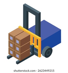 Forklift is lifting stack of cardboard boxes, concept of warehouse, delivery and logistics