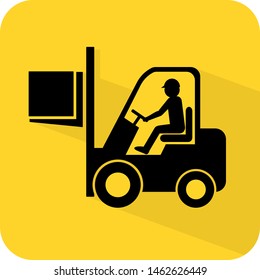 Forklift lifting weight illustration. Working area or construction site. Flat 3D shadow design. yellow background black vector. product brand service label banner board display. App icon.