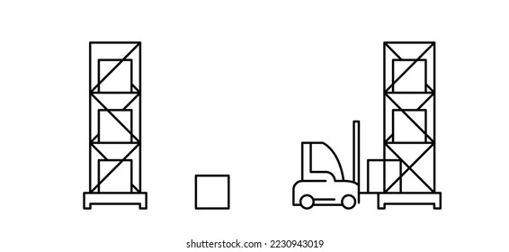 Gabelstapler hebt Ladung im Lagerregal auf, moderne Zeilensymbole Vektorgrafik