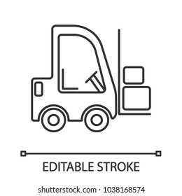 Forklift linear icon. Lift truck. Thin line illustration. Fork hoist. Contour symbol. Vector isolated outline drawing. Editable stroke