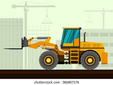 Forklift loader industrial crane with construction background. Side view crane vector illustration