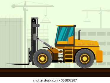 Forklift loader industrial crane with construction background. Side view crane vector illustration