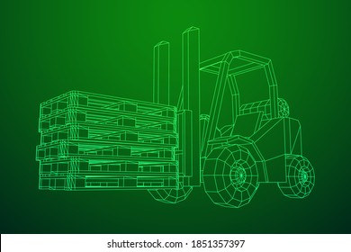 Forklift Loader lift truck with cargo pallet for warehouse. Logistics shipping concept. Wireframe low poly mesh vector illustration.