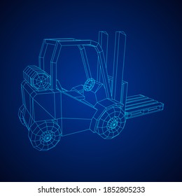 Forklift Loader lift truck with cargo pallet for warehouse. Logistics shipping concept. Wireframe low poly mesh vector illustration.