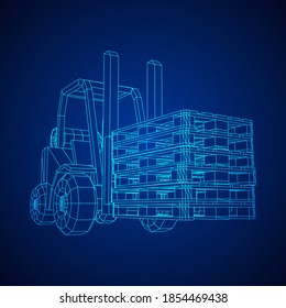 Forklift Loader lift truck with cargo pallet for warehouse. Logistics shipping concept. Wireframe low poly mesh vector illustration.