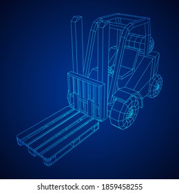 Forklift Loader lift truck with cargo pallet for warehouse. Logistics shipping concept. Wireframe low poly mesh vector illustration.