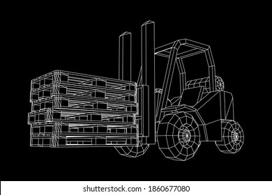 Forklift Loader lift truck with cargo pallet for warehouse. Logistics shipping concept. Wireframe low poly mesh vector illustration.