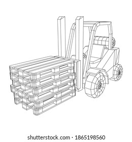 Forklift Loader lift truck with cargo pallet for warehouse. Logistics shipping concept. Wireframe low poly mesh vector illustration.