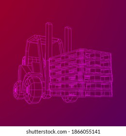 Forklift Loader lift truck with cargo pallet for warehouse. Logistics shipping concept. Wireframe low poly mesh vector illustration.