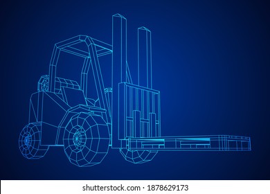 Forklift Loader lift truck with cargo pallet for warehouse. Logistics shipping concept. Wireframe low poly mesh vector illustration.