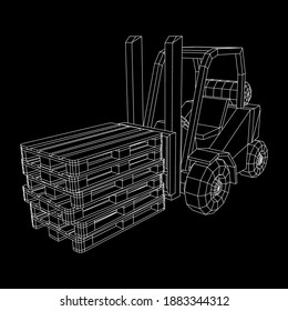 Forklift Loader lift truck with cargo pallet for warehouse. Logistics shipping concept. Wireframe low poly mesh vector illustration.