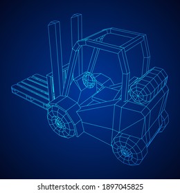 Forklift Loader lift truck with cargo pallet for warehouse. Logistics shipping concept. Wireframe low poly mesh vector illustration.