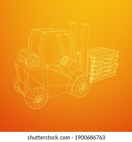 Forklift Loader lift truck with cargo pallet for warehouse. Logistics shipping concept. Wireframe low poly mesh vector illustration.