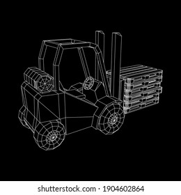 Forklift Loader lift truck with cargo pallet for warehouse. Logistics shipping concept. Wireframe low poly mesh vector illustration.