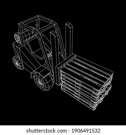 Forklift Loader lift truck with cargo pallet for warehouse. Logistics shipping concept. Wireframe low poly mesh vector illustration.