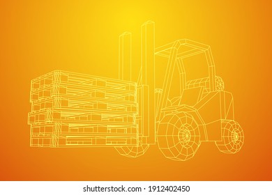 Forklift Loader lift truck with cargo pallet for warehouse. Logistics shipping concept. Wireframe low poly mesh vector illustration.