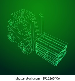 Forklift Loader lift truck with cargo pallet for warehouse. Logistics shipping concept. Wireframe low poly mesh vector illustration.