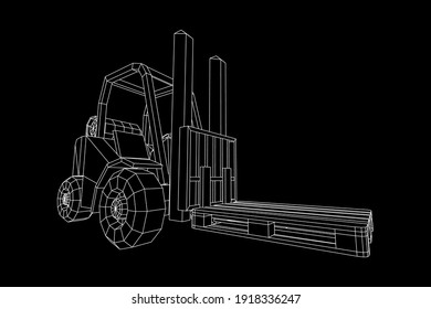 Forklift Loader, lift truck with cargo pallet for warehouse. Logistics shipping concept. Wireframe low poly mesh vector illustration.