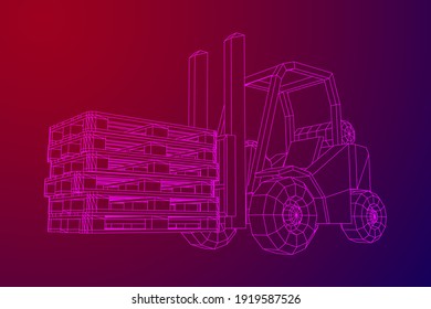 Forklift Loader lift truck with cargo pallet for warehouse. Logistics shipping concept. Wireframe low poly mesh vector illustration.