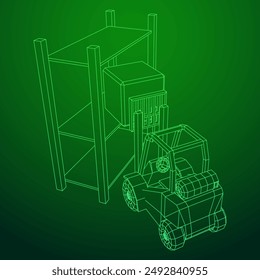 Forklift Loader lift truck in warehouse near rack. Wireframe low poly mesh vector illustration.