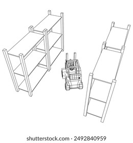 Forklift Loader lift truck in warehouse near rack. Wireframe low poly mesh vector illustration.