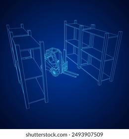 Forklift Loader lift truck in warehouse near rack. Wireframe low poly mesh vector illustration.