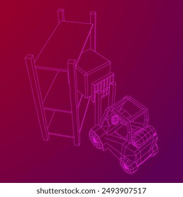 Forklift Loader lift truck in warehouse near rack. Wireframe low poly mesh vector illustration.