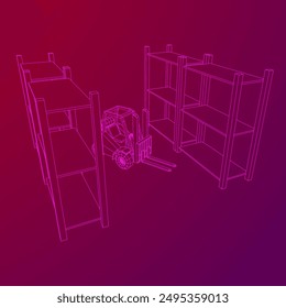 Forklift Loader lift truck in warehouse near rack. Wireframe low poly mesh vector illustration.