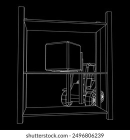 Forklift Loader lift truck in warehouse near rack. Wireframe low poly mesh vector illustration.