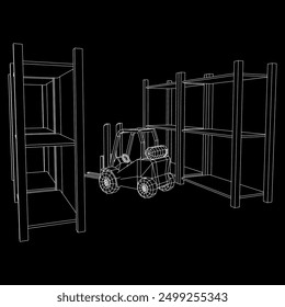 Forklift Loader lift truck in warehouse near rack. Wireframe low poly mesh vector illustration.