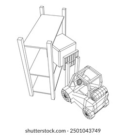 Forklift Loader lift truck in warehouse near rack. Wireframe low poly mesh vector illustration.