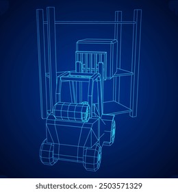 Forklift Loader lift truck in warehouse near rack. Wireframe low poly mesh vector illustration.