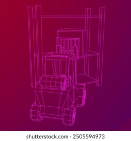 Forklift Loader lift truck in warehouse near rack. Wireframe low poly mesh vector illustration.