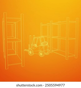 Forklift Loader lift truck in warehouse near rack. Wireframe low poly mesh vector illustration.