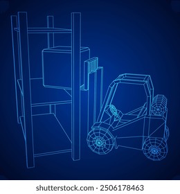 Forklift Loader lift truck in warehouse near rack. Wireframe low poly mesh vector illustration.