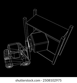 Forklift Loader lift truck in warehouse near rack. Wireframe low poly mesh vector illustration.