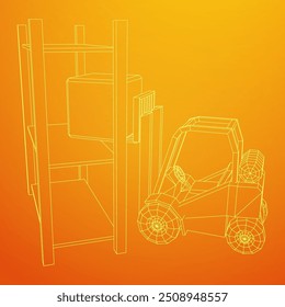 Forklift Loader lift truck in warehouse near rack. Wireframe low poly mesh vector illustration.