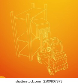 Forklift Loader lift truck in warehouse near rack. Wireframe low poly mesh vector illustration.