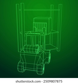 Forklift Loader lift truck in warehouse near rack. Wireframe low poly mesh vector illustration.