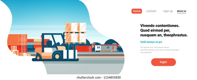 forklift loader pallet stacker truck equipment warehouse exterior international delivery concept flat horizontal banner copy space vector illustration