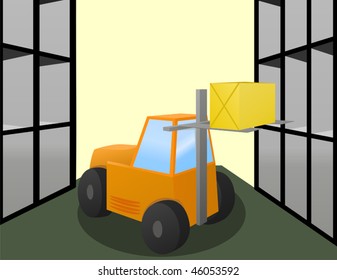 Forklift loader puts the big box on storage shelves