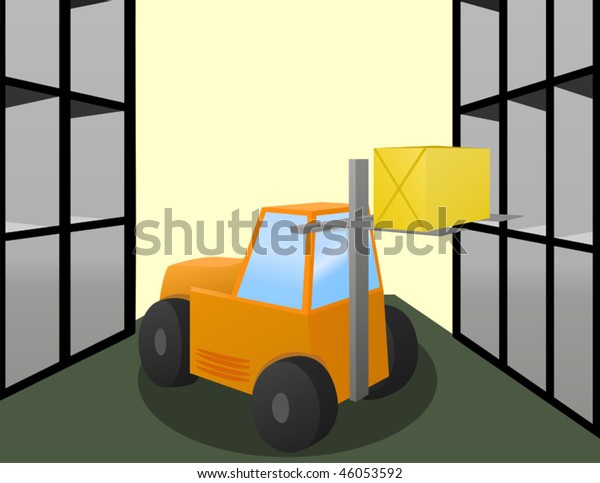 Forklift\
loader puts the big box on storage\
shelves