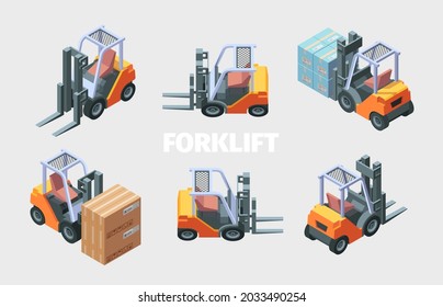 Forklift loader. Transportation service loading trucks manufacturing transporting services garish vector isometric illustrations