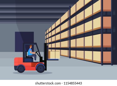 forklift loader working warehouse interior parcel box on rack logistic delivery cargo service concept rows shelves goods storage horizontal flat vector illustration