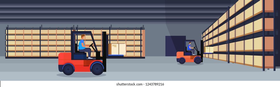 forklift loader working warehouse interior parcel box on rack logistic delivery cargo service concept rows shelves goods storage horizontal banner flat