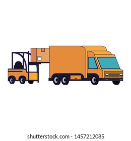 Forklift loading box to delivery van isolated vector illustration